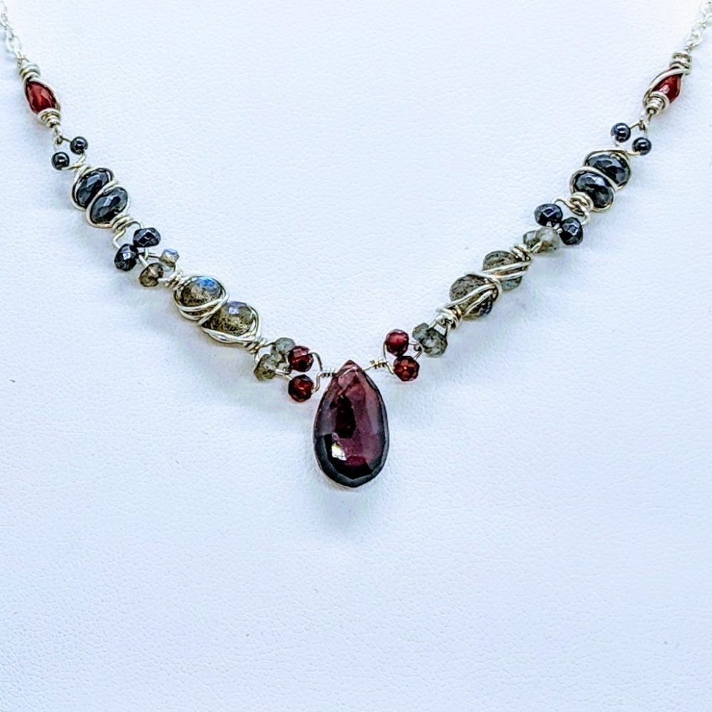 Garnet labradorite hematite & sterling silver neck